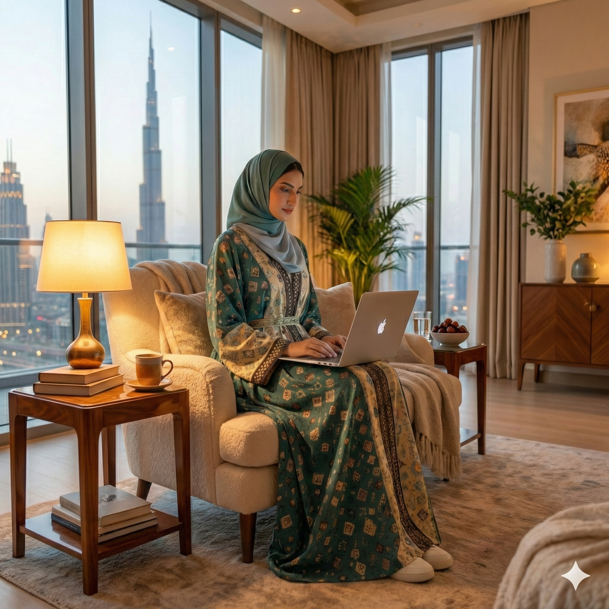Woman in hijab using laptop at home